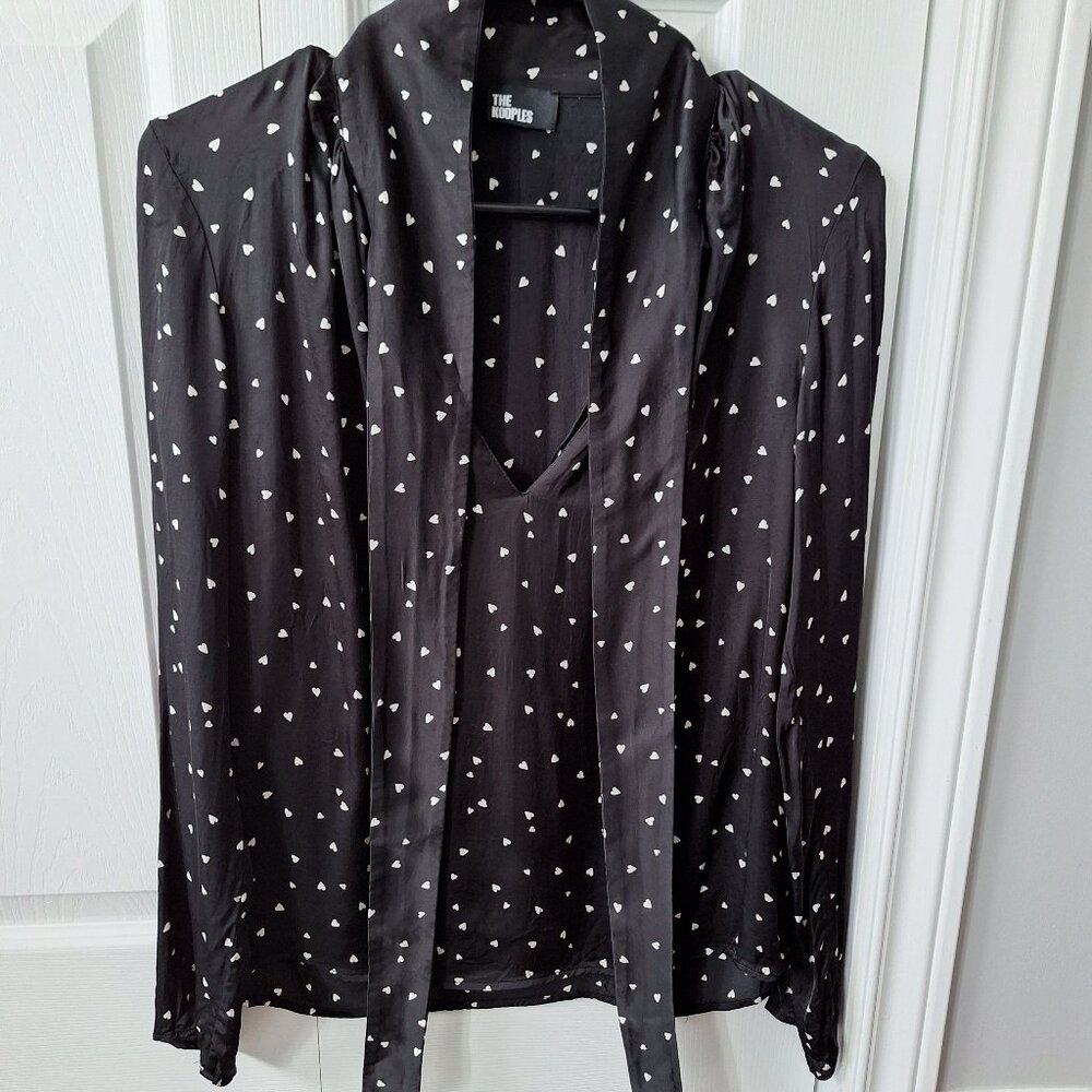 The Kooples Black and White Heart Print Tie-Neck Blouse